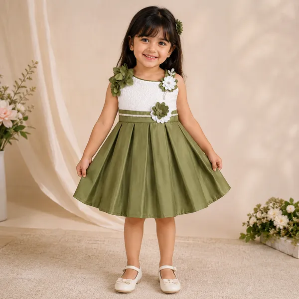Girls_Olive_Green_&_White_Floral_Party_Wear_Frock_|_Elegant_Designer_Dress_for_Kids