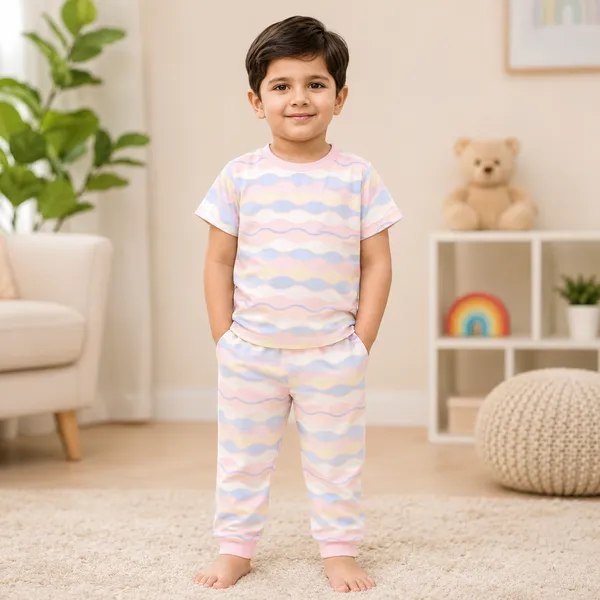 Babyhug_Baby_Boys_&_Girls_Cotton_Half_Sleeve_T-Shirt_&_Full_Length_Jogger_Pant_Night_Suit_Set_|_Pink_Pastel_Wave_Print_|_Soft_&_Comfortable_Sleepwear