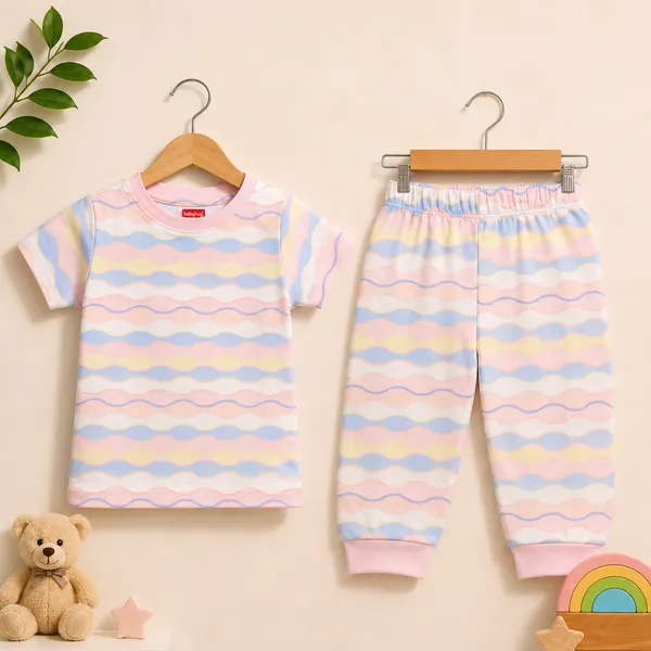 Babyhug_Baby_Boys_&_Girls_Cotton_Half_Sleeve_T-Shirt_&_Full_Length_Jogger_Pant_Night_Suit_Set_|_Pink_Pastel_Wave_Print_|_Soft_&_Comfortable_Sleepwear