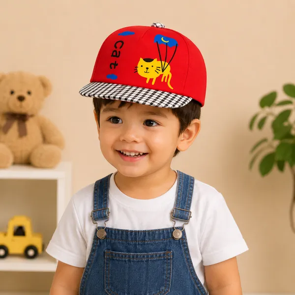 Kids_Yellow_Cat_Printed_Cotton_Baseball_Cap_for_Boys_&_Girls_|_Soft_Summer_Sun_Cap_|_Red