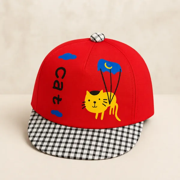 Kids_Yellow_Cat_Printed_Cotton_Baseball_Cap_for_Boys_&_Girls_|_Soft_Summer_Sun_Cap_|_Red