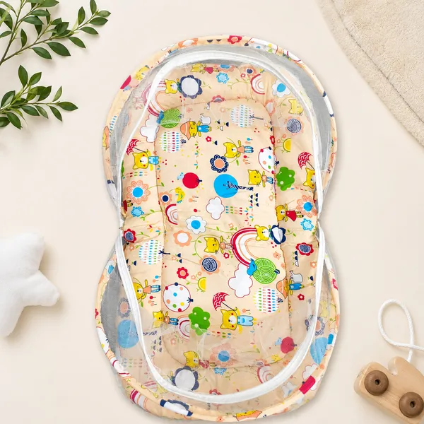 18_Piece_Newborn_Baby_Bedding_Set_with_Mosquito_Net,_Carry_Nest,_Mattress,_Pillow,_Bolsters,_Baby_Cap,_Bibs_&_Accessories_|_Soft_Cotton_Baby_Gift_Set_|_Orange_With_Printed_Yellow_Kity