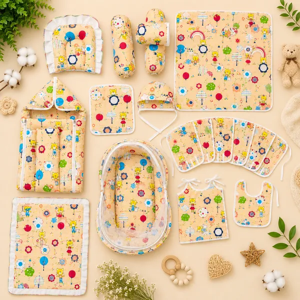 18_Piece_Newborn_Baby_Bedding_Set_with_Mosquito_Net,_Carry_Nest,_Mattress,_Pillow,_Bolsters,_Baby_Cap,_Bibs_&_Accessories_|_Soft_Cotton_Baby_Gift_Set_|_Orange_With_Printed_Yellow_Kity
