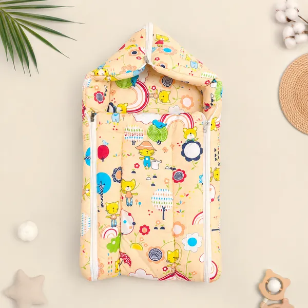 18_Piece_Newborn_Baby_Bedding_Set_with_Mosquito_Net,_Carry_Nest,_Mattress,_Pillow,_Bolsters,_Baby_Cap,_Bibs_&_Accessories_|_Soft_Cotton_Baby_Gift_Set_|_Orange_With_Printed_Yellow_Kity