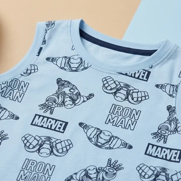 Cucumber_Boys_Marvel_Iron_Man_Printed_Sleeveless_T-Shirt_with_Shorts_Co-ord_Set_Sky_Blue_&_Navy_Blue_|_Cotton_Blend_|_Summer_Wear