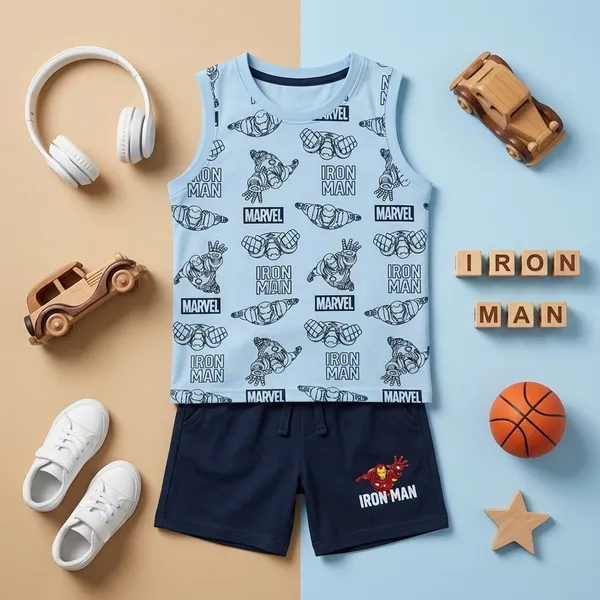 Cucumber_Boys_Marvel_Iron_Man_Printed_Sleeveless_T-Shirt_with_Shorts_Co-ord_Set_Sky_Blue_&_Navy_Blue_|_Cotton_Blend_|_Summer_Wear