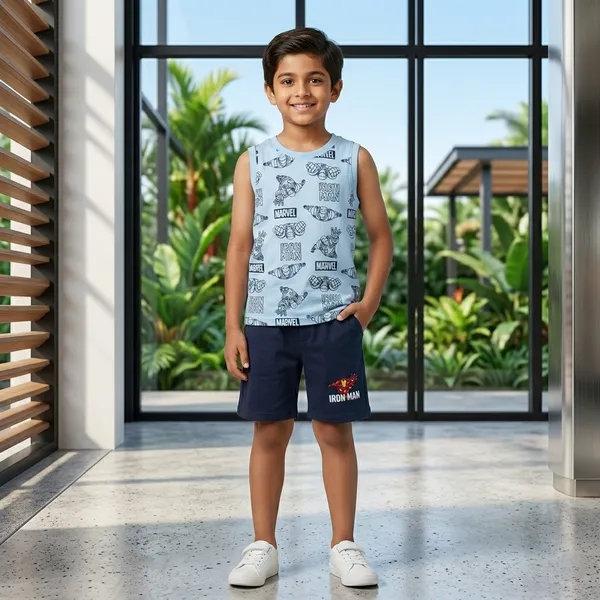 Cucumber_Boys_Marvel_Iron_Man_Printed_Sleeveless_T-Shirt_with_Shorts_Co-ord_Set_Sky_Blue_&_Navy_Blue_|_Cotton_Blend_|_Summer_Wear