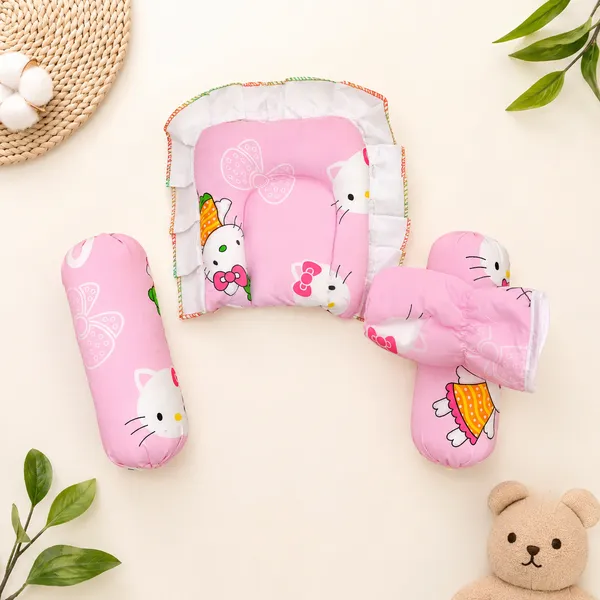 18_Piece_Newborn_Baby_Bedding_Set_with_Mosquito_Net,_Carry_Nest,_Mattress,_Pillow,_Bolsters,_Baby_Cap,_Bibs_&_Accessories_|_Soft_Cotton_Baby_Gift_Set_|_Pink_With_Printed_White_Kity