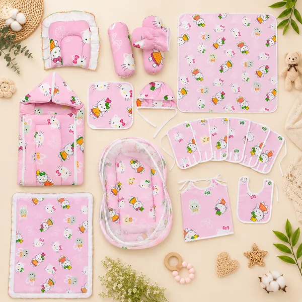 18_Piece_Newborn_Baby_Bedding_Set_with_Mosquito_Net,_Carry_Nest,_Mattress,_Pillow,_Bolsters,_Baby_Cap,_Bibs_&_Accessories_|_Soft_Cotton_Baby_Gift_Set_|_Pink_With_Printed_White_Kity