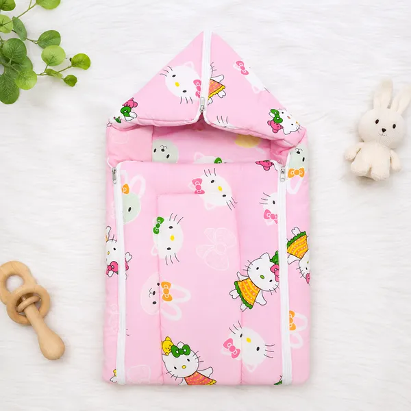 18_Piece_Newborn_Baby_Bedding_Set_with_Mosquito_Net,_Carry_Nest,_Mattress,_Pillow,_Bolsters,_Baby_Cap,_Bibs_&_Accessories_|_Soft_Cotton_Baby_Gift_Set_|_Pink_With_Printed_White_Kity