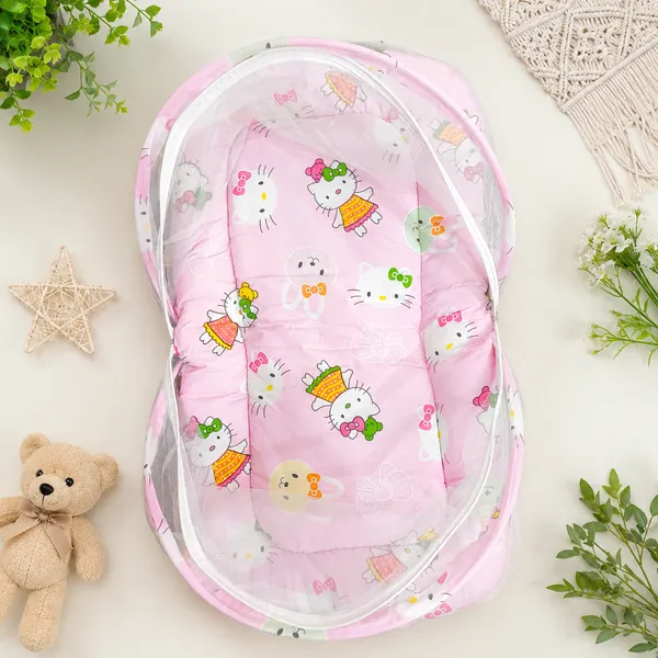 18_Piece_Newborn_Baby_Bedding_Set_with_Mosquito_Net,_Carry_Nest,_Mattress,_Pillow,_Bolsters,_Baby_Cap,_Bibs_&_Accessories_|_Soft_Cotton_Baby_Gift_Set_|_Pink_With_Printed_White_Kity