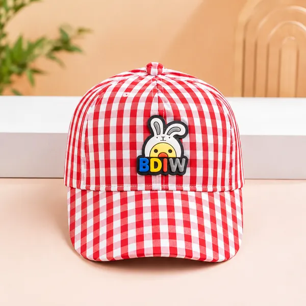 Kids_Checkered_Cotton_Cap_with_BDIW_Bunny_Patch_|_Adjustable_Casual_Summer_Cap_|_Red