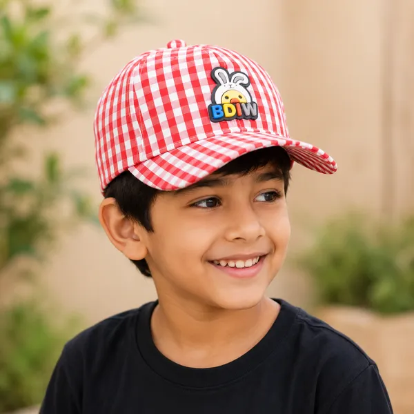 Kids_Checkered_Cotton_Cap_with_BDIW_Bunny_Patch_|_Adjustable_Casual_Summer_Cap_|_Red