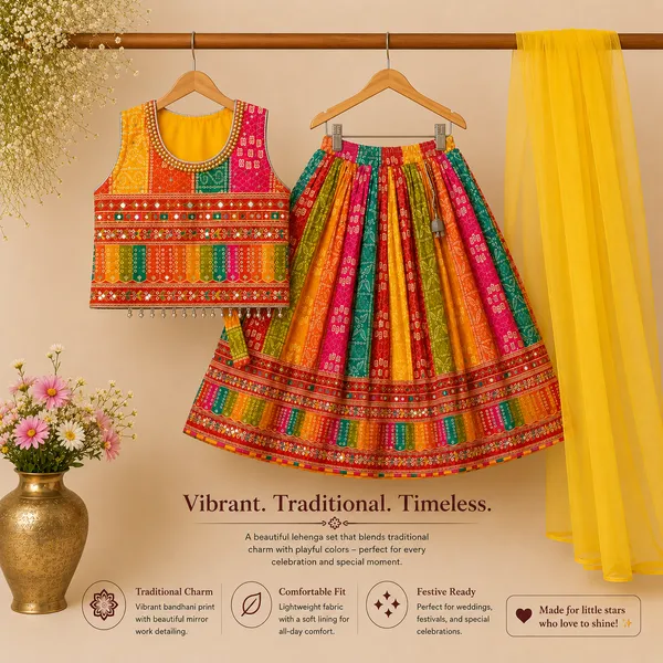Girls_Multicolor_Bandhani_Print_Lehenga_Choli_with_Yellow_Dupatta_|_Traditional_Mirror_Work_Ethnic_Wear_for_Girls_|_Festive_Party_Wear_Outfit