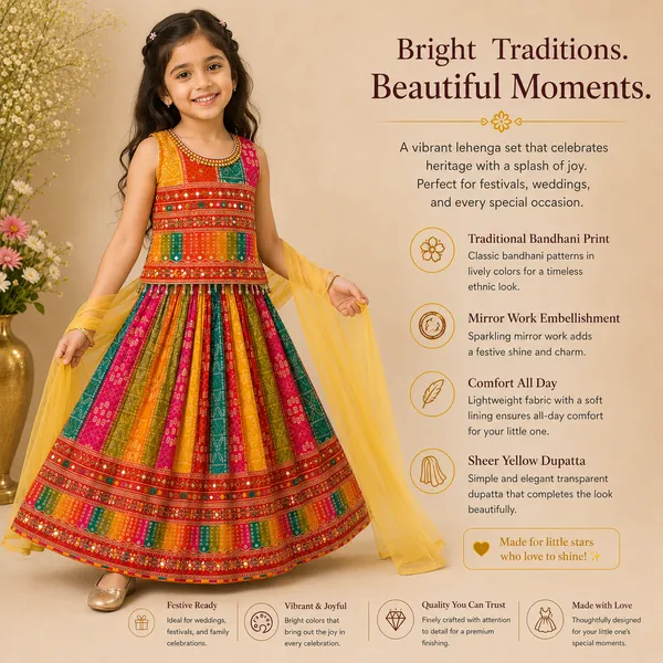 Girls_Multicolor_Bandhani_Print_Lehenga_Choli_with_Yellow_Dupatta_|_Traditional_Mirror_Work_Ethnic_Wear_for_Girls_|_Festive_Party_Wear_Outfit