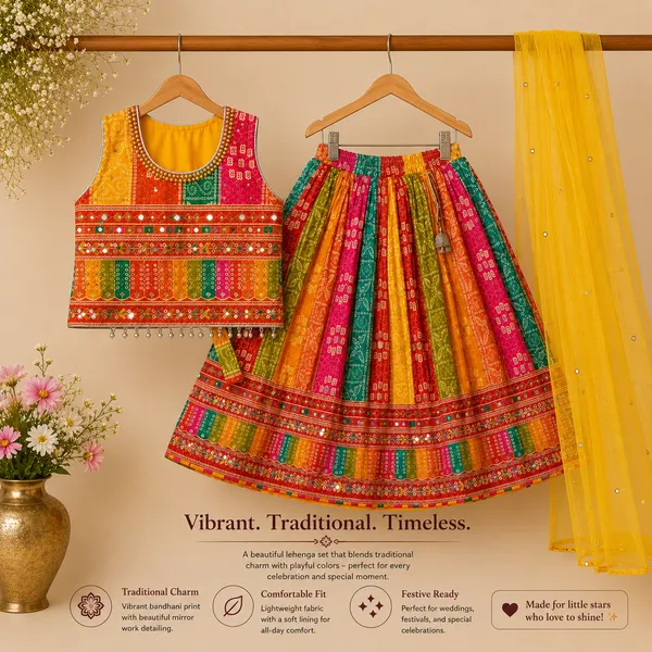 Girls_Multicolor_Bandhani_Print_Lehenga_Choli_with_Yellow_Dupatta_|_Traditional_Mirror_Work_Ethnic_Wear_for_Girls_|_Festive_Party_Wear_Outfit