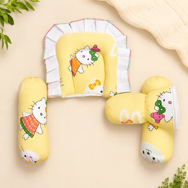 18_Piece_Newborn_Baby_Bedding_Set_with_Mosquito_Net,_Carry_Nest,_Mattress,_Pillow,_Bolsters,_Baby_Cap,_Bibs_&_Accessories_|_Soft_Cotton_Baby_Gift_Set_|_Yellow_With_Printed_White_Kity