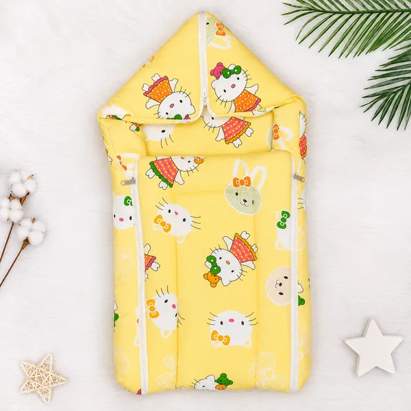 18_Piece_Newborn_Baby_Bedding_Set_with_Mosquito_Net,_Carry_Nest,_Mattress,_Pillow,_Bolsters,_Baby_Cap,_Bibs_&_Accessories_|_Soft_Cotton_Baby_Gift_Set_|_Yellow_With_Printed_White_Kity