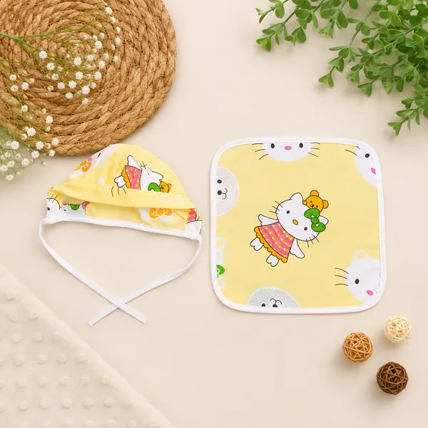 18_Piece_Newborn_Baby_Bedding_Set_with_Mosquito_Net,_Carry_Nest,_Mattress,_Pillow,_Bolsters,_Baby_Cap,_Bibs_&_Accessories_|_Soft_Cotton_Baby_Gift_Set_|_Yellow_With_Printed_White_Kity