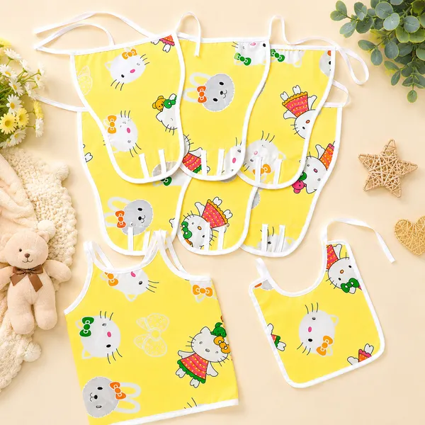 18_Piece_Newborn_Baby_Bedding_Set_with_Mosquito_Net,_Carry_Nest,_Mattress,_Pillow,_Bolsters,_Baby_Cap,_Bibs_&_Accessories_|_Soft_Cotton_Baby_Gift_Set_|_Yellow_With_Printed_White_Kity