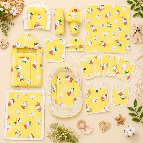 18_Piece_Newborn_Baby_Bedding_Set_with_Mosquito_Net,_Carry_Nest,_Mattress,_Pillow,_Bolsters,_Baby_Cap,_Bibs_&_Accessories_|_Soft_Cotton_Baby_Gift_Set_|_Yellow_With_Printed_White_Kity