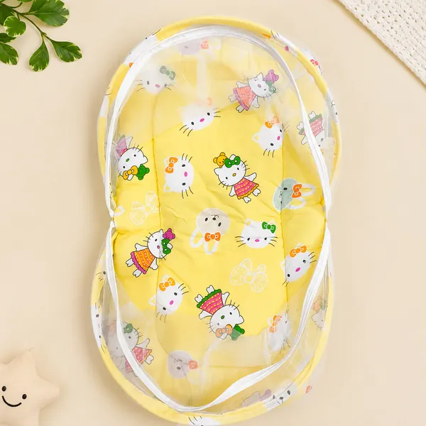 18_Piece_Newborn_Baby_Bedding_Set_with_Mosquito_Net,_Carry_Nest,_Mattress,_Pillow,_Bolsters,_Baby_Cap,_Bibs_&_Accessories_|_Soft_Cotton_Baby_Gift_Set_|_Yellow_With_Printed_White_Kity