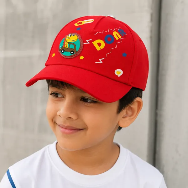 Kids_Cartoon_Cotton_Baseball_Cap_with_Dinosaur_Patch_|_Adjustable_Summer_Cap_|_Red