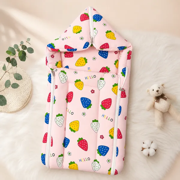 Premium_Baby_Sleeping_Bag_Cum_Carry_Nest_with_Hood_|_Soft_Cotton_Newborn_Wrapper_|_Dual_Zipper_Baby_Bedding_&_Portable_Carry_Bag_|_Free_Size_(Pink_Strawberry_Print)