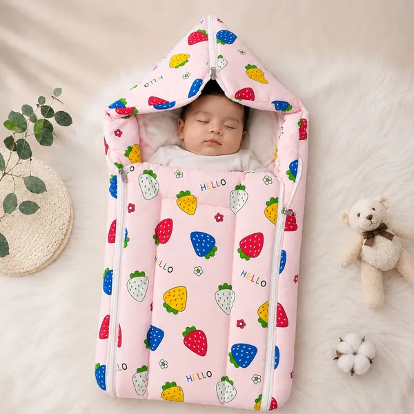 Premium_Baby_Sleeping_Bag_Cum_Carry_Nest_with_Hood_|_Soft_Cotton_Newborn_Wrapper_|_Dual_Zipper_Baby_Bedding_&_Portable_Carry_Bag_|_Free_Size_(Pink_Strawberry_Print)