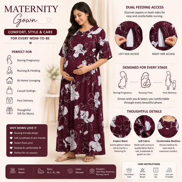 Women's_Maternity_Feeding_Night_Gown_|_Soft_&_Breathable_Cotton_Printed_Nursing_Dress_with_Hidden_Feeding_Zip_|_Half_Sleeve_Lounge_Wear_|_Brown