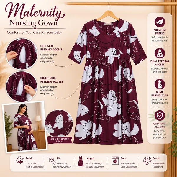 Women's_Maternity_Feeding_Night_Gown_|_Soft_&_Breathable_Cotton_Printed_Nursing_Dress_with_Hidden_Feeding_Zip_|_Half_Sleeve_Lounge_Wear_|_Brown