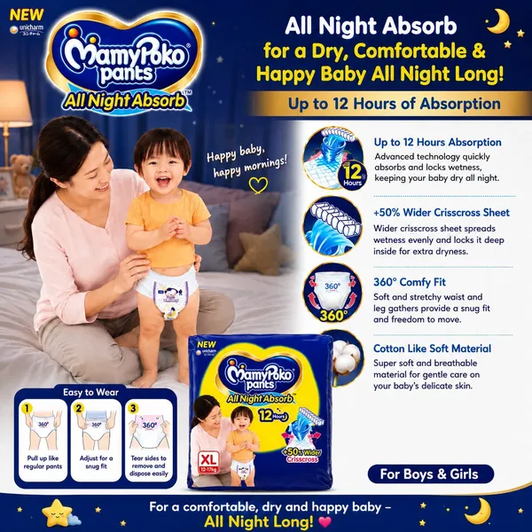 MamyPoko_Pants_All_Night_Absorb_Baby_Diaper,_Extra_Large_(XL),_12-17_kg_|_Up_to_12_Hours_Dryness_Protection