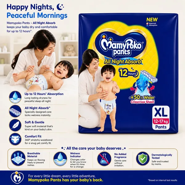 MamyPoko_Pants_All_Night_Absorb_Baby_Diaper,_Extra_Large_(XL),_12-17_kg_|_Up_to_12_Hours_Dryness_Protection