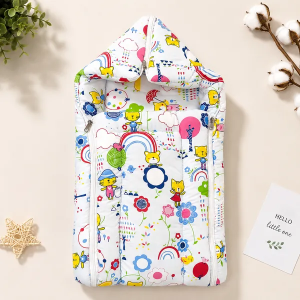 18_Piece_Newborn_Baby_Bedding_Set_with_Mosquito_Net,_Carry_Nest,_Mattress,_Pillow,_Bolsters,_Baby_Cap,_Bibs_&_Accessories_|_Soft_Cotton_Baby_Gift_Set_|_Sky_Blue_With_Printed_Yellow_Kity