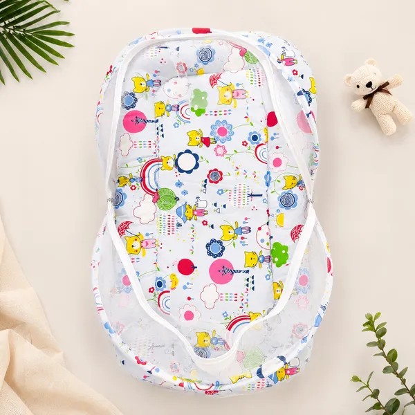 18_Piece_Newborn_Baby_Bedding_Set_with_Mosquito_Net,_Carry_Nest,_Mattress,_Pillow,_Bolsters,_Baby_Cap,_Bibs_&_Accessories_|_Soft_Cotton_Baby_Gift_Set_|_Sky_Blue_With_Printed_Yellow_Kity