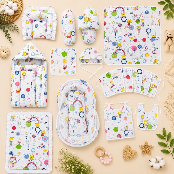 18_Piece_Newborn_Baby_Bedding_Set_with_Mosquito_Net,_Carry_Nest,_Mattress,_Pillow,_Bolsters,_Baby_Cap,_Bibs_&_Accessories_|_Soft_Cotton_Baby_Gift_Set_|_Sky_Blue_With_Printed_Yellow_Kity