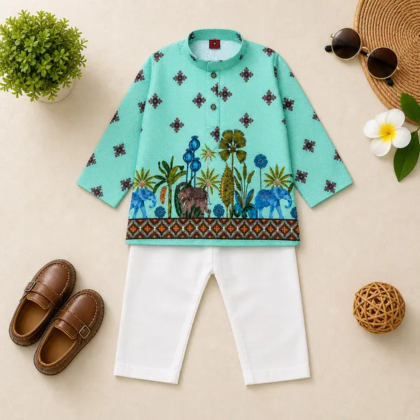 Taj_Boys_Printed_Ethnic_Kurta_Pajama_Set_Elephant_&_Jungle_Theme_Kurta_with_White_Pajama