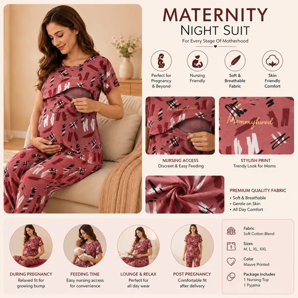 Women's_Maternity_Feeding_Night_Dress_|_Soft_&_Breathable_Cotton_Printed_Nursing_Dress_with_Hidden_Feeding_Zip_|_Half_Sleeve_Lounge_Wear_|_Beige