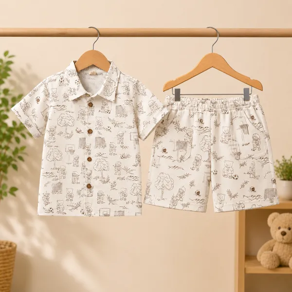 Boys_Cream_Printed_Cotton_Shirt_&_Shorts_Co-Ord_Set_|_Half_Sleeve_Casual_Summer_Outfit_|_Soft_Cotton_Clothing_Set_for_Kids