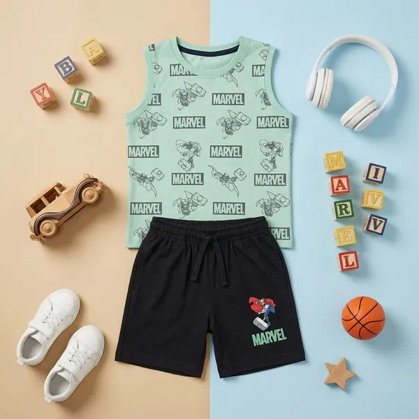 Cucumber_Boys_Marvel_Printed_Sleeveless_T-Shirt_with_Shorts_Co-ord_Set_Mint_Green_&_Navy_Blue_|_Cotton_Blend_|_Summer_Wear