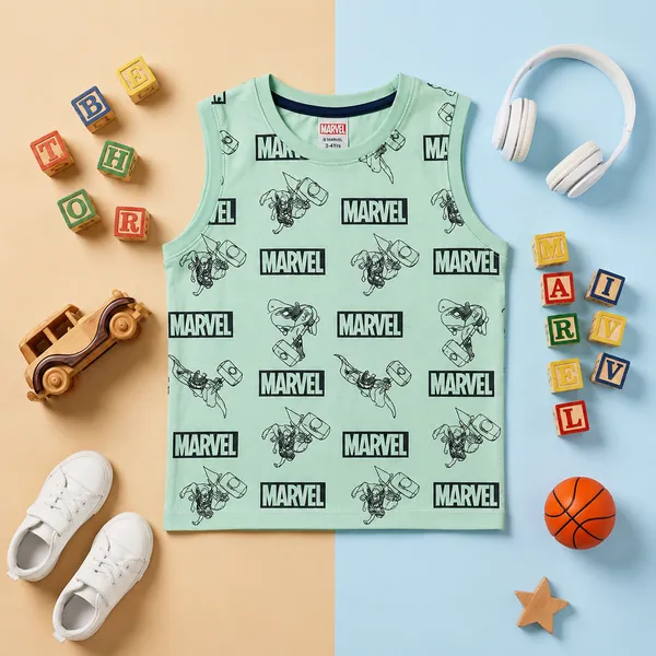 Cucumber_Boys_Marvel_Printed_Sleeveless_T-Shirt_with_Shorts_Co-ord_Set_Mint_Green_&_Navy_Blue_|_Cotton_Blend_|_Summer_Wear