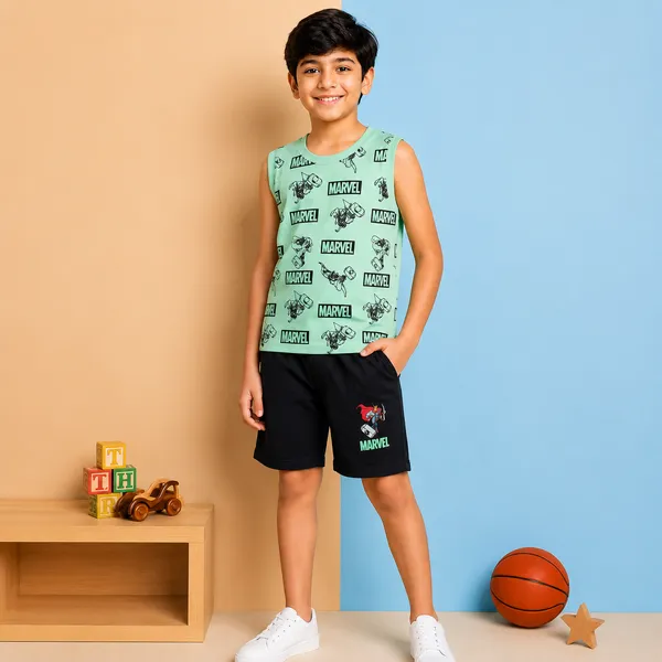 Cucumber_Boys_Marvel_Printed_Sleeveless_T-Shirt_with_Shorts_Co-ord_Set_Mint_Green_&_Navy_Blue_|_Cotton_Blend_|_Summer_Wear