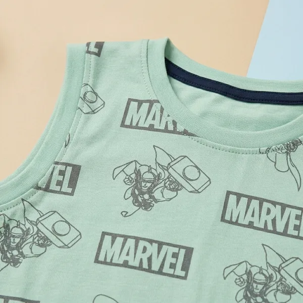 Cucumber_Boys_Marvel_Printed_Sleeveless_T-Shirt_with_Shorts_Co-ord_Set_Mint_Green_&_Navy_Blue_|_Cotton_Blend_|_Summer_Wear