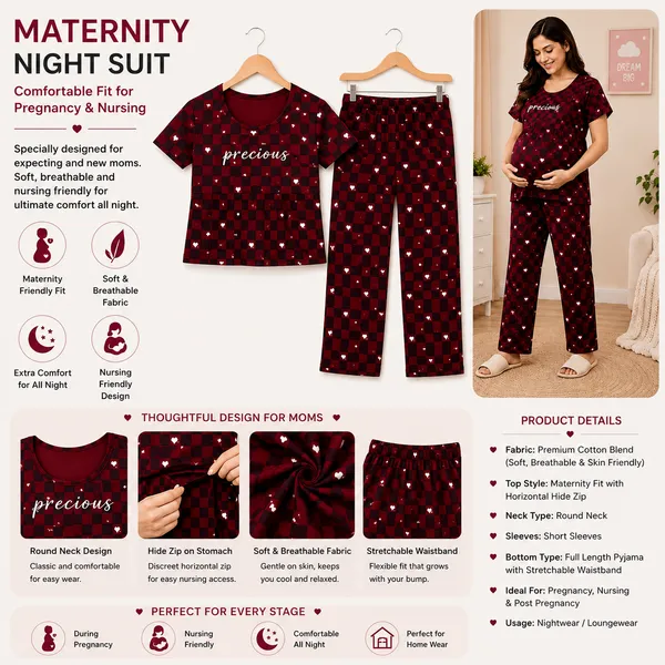 Women's_Maternity_Feeding_Night_Dress_|_Soft_&_Breathable_Cotton_Printed_Nursing_Dress_with_Hidden_Feeding_Zip_|_Half_Sleeve_Lounge_Wear_Mehroon