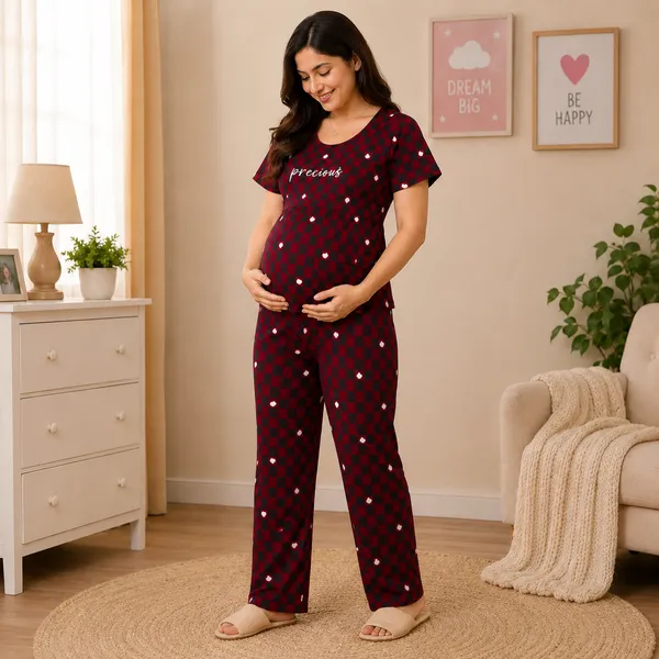 Women's_Maternity_Feeding_Night_Dress_|_Soft_&_Breathable_Cotton_Printed_Nursing_Dress_with_Hidden_Feeding_Zip_|_Half_Sleeve_Lounge_Wear_Mehroon