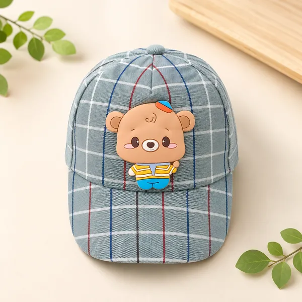 Kids_Checkered_Cotton_Cap_with_Cute_Bear_Patch_|_Adjustable_Casual_Summer_Cap_|_Green