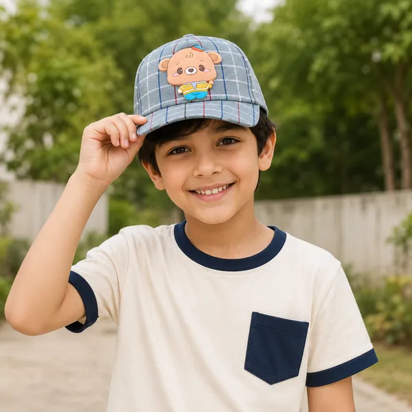 Kids_Checkered_Cotton_Cap_with_Cute_Bear_Patch_|_Adjustable_Casual_Summer_Cap_|_Green