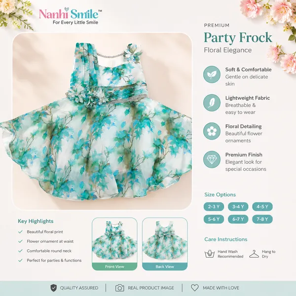Girls_Floral_Printed_Sleeveless_Party_Wear_Dress_|_Blue_Organza_Fit_&_Flare_Frock_with_Flower_Appliqu�_|_Elegant_Girls_Occasion_Dress