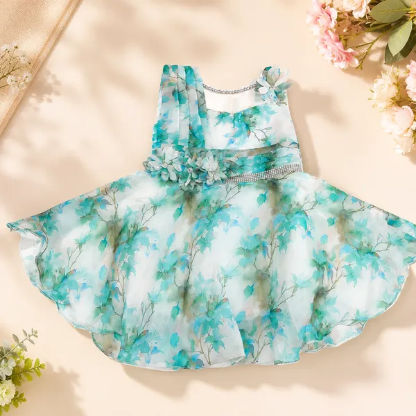 Girls_Floral_Printed_Sleeveless_Party_Wear_Dress_|_Blue_Organza_Fit_&_Flare_Frock_with_Flower_Appliqu�_|_Elegant_Girls_Occasion_Dress