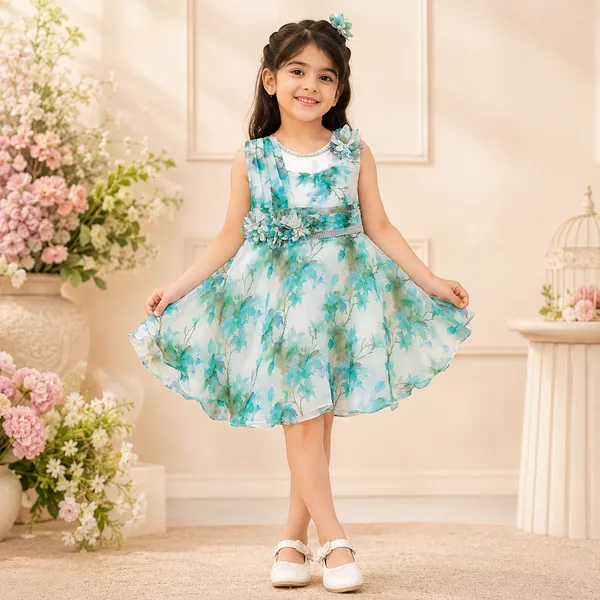 Girls_Floral_Printed_Sleeveless_Party_Wear_Dress_|_Blue_Organza_Fit_&_Flare_Frock_with_Flower_Appliqu�_|_Elegant_Girls_Occasion_Dress